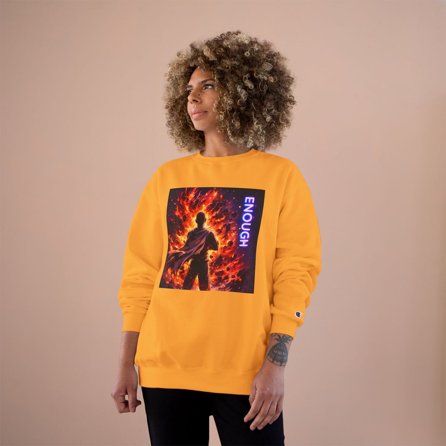 Fiery Hero Silhouette ENOUGH Champion Sweatshirt | Flames Graphic Crewneck