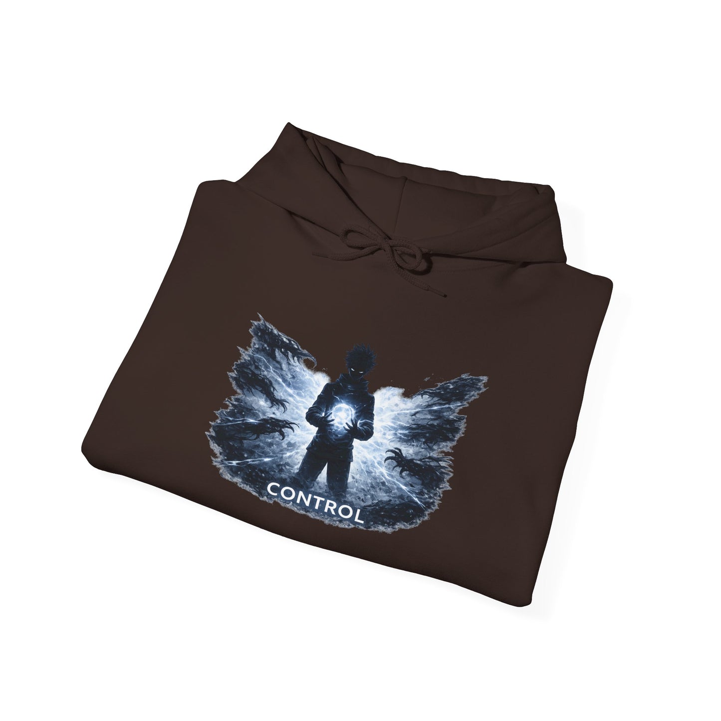 Control silhouette hoodie | person with glowing heart, angel wing brushstroke design