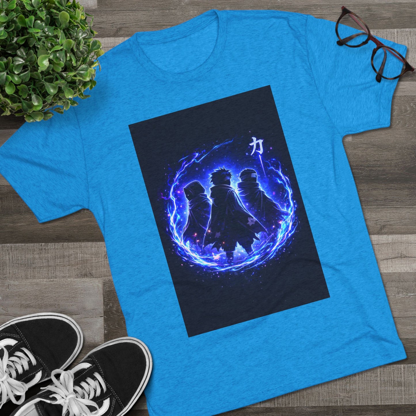 Anime Silhouette Crew Tee — Blue Flame Shinobi Design
