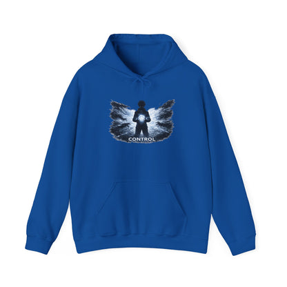Control silhouette hoodie | person with glowing heart, angel wing brushstroke design