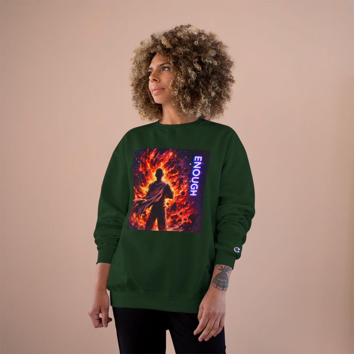 Fiery Hero Silhouette ENOUGH Champion Sweatshirt | Flames Graphic Crewneck