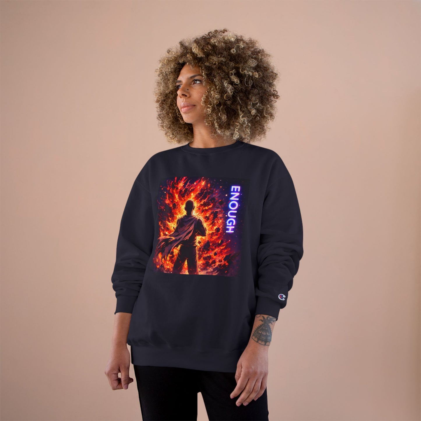 Fiery Hero Silhouette ENOUGH Champion Sweatshirt | Flames Graphic Crewneck