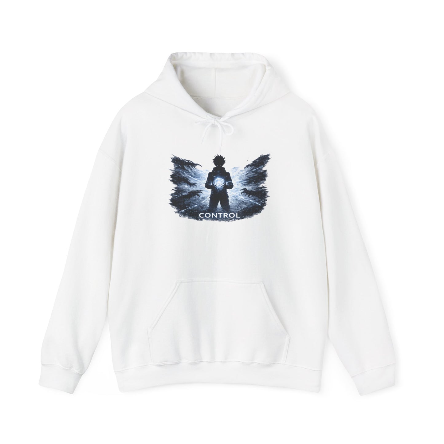 Control silhouette hoodie | person with glowing heart, angel wing brushstroke design