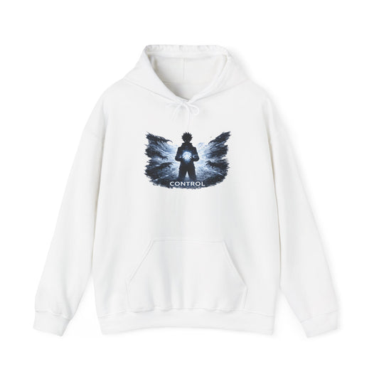 Control silhouette hoodie | person with glowing heart, angel wing brushstroke design