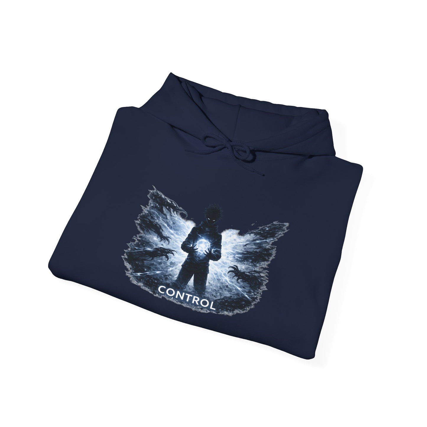Control silhouette hoodie | person with glowing heart, angel wing brushstroke design