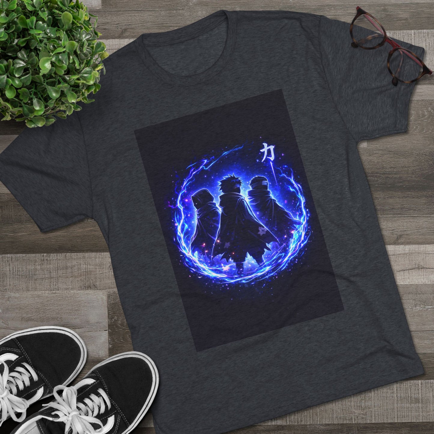 Anime Silhouette Crew Tee — Blue Flame Shinobi Design