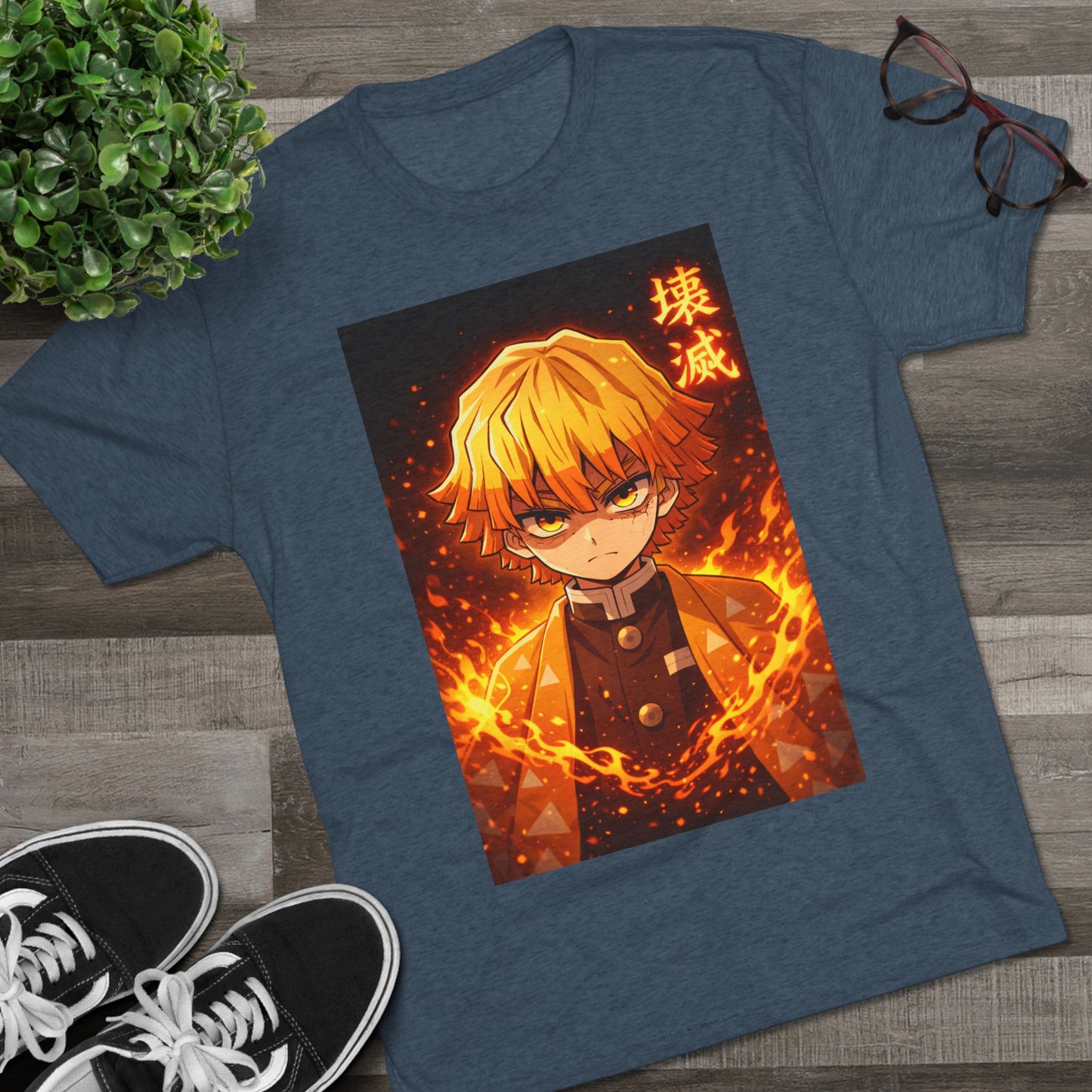 Demon Slayer Zenitsu Agatsuma Fire Anime T-Shirt — 'Destruction' Kanji Graphic Tee
