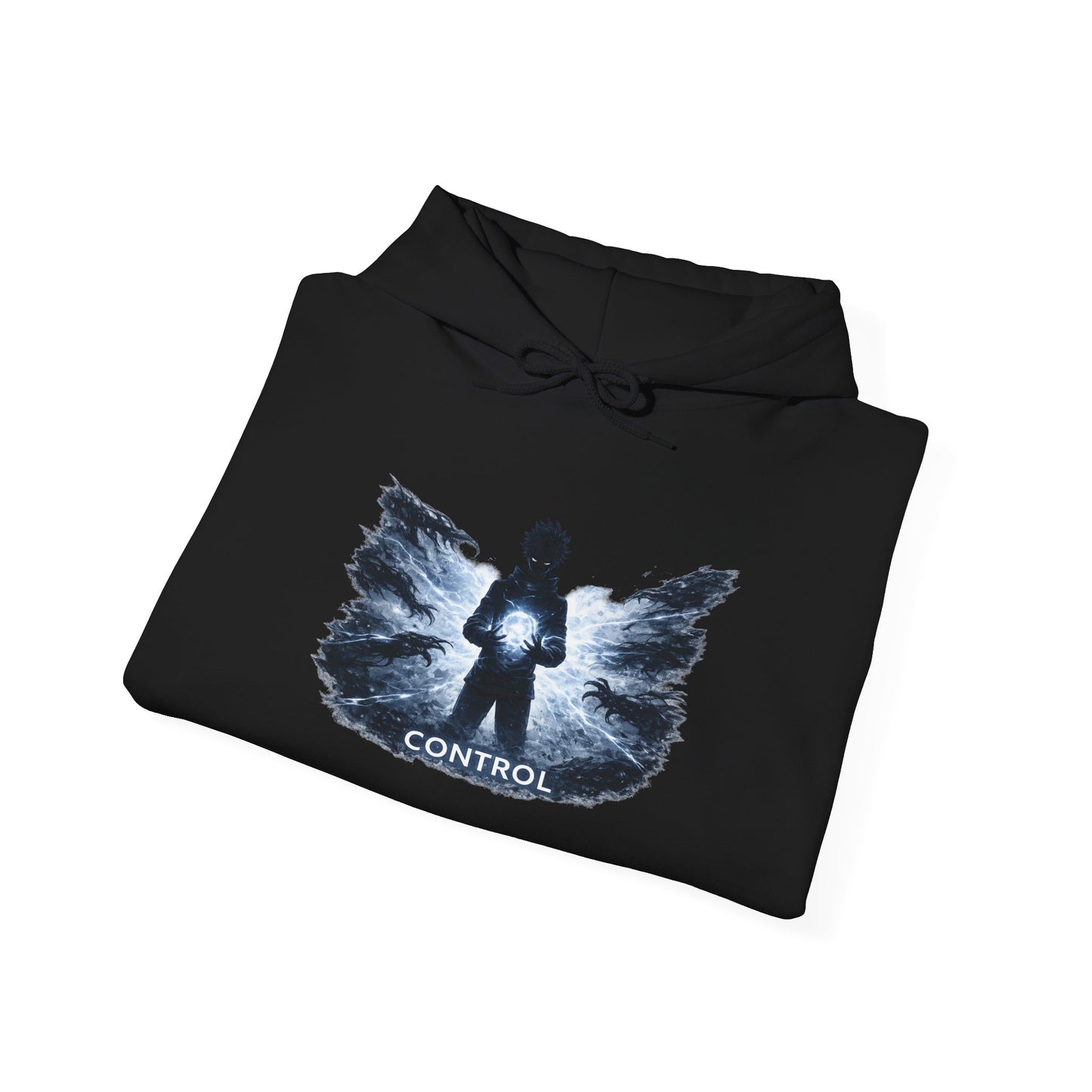 Control silhouette hoodie | person with glowing heart, angel wing brushstroke design