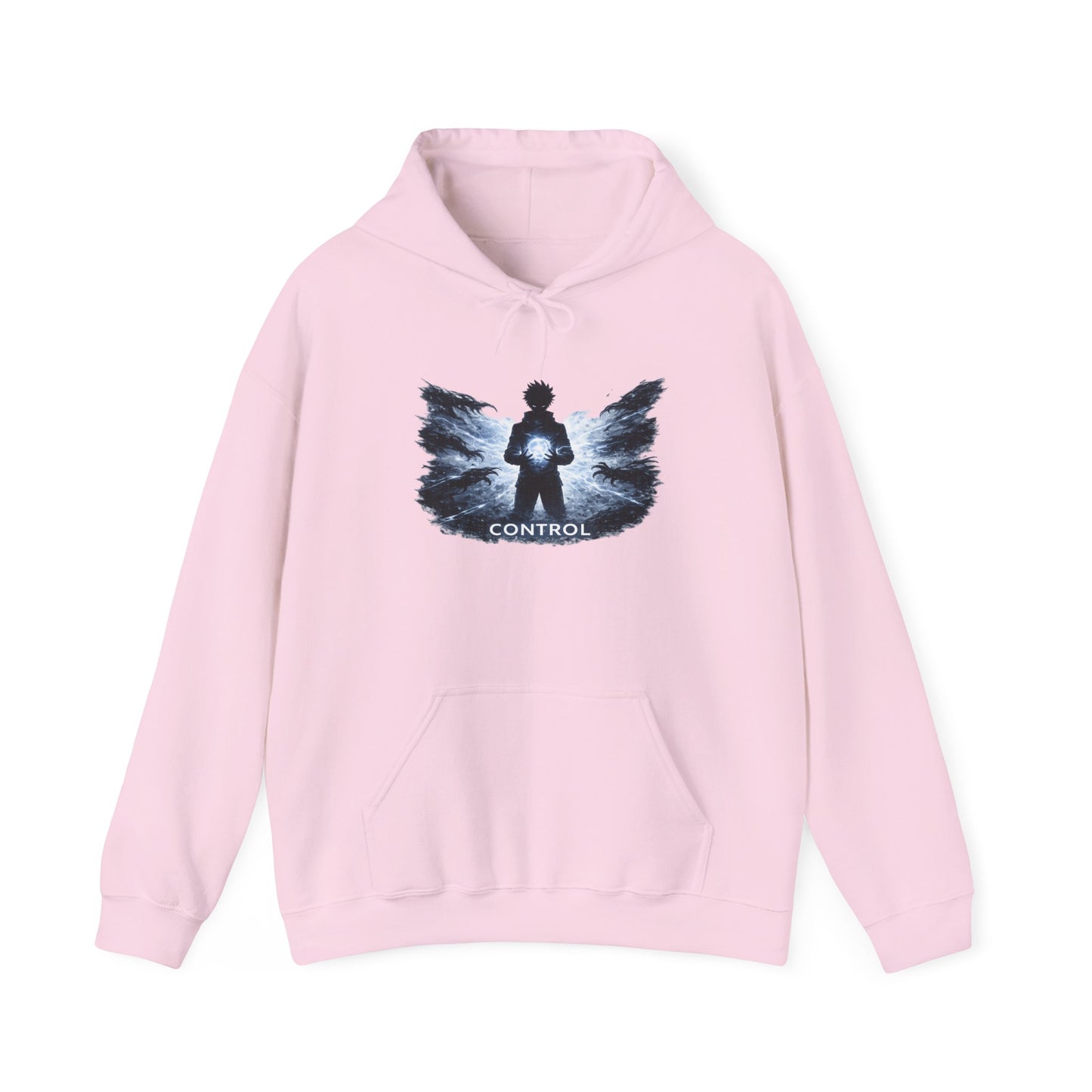 Control silhouette hoodie | person with glowing heart, angel wing brushstroke design