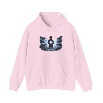 Control silhouette hoodie | person with glowing heart, angel wing brushstroke design