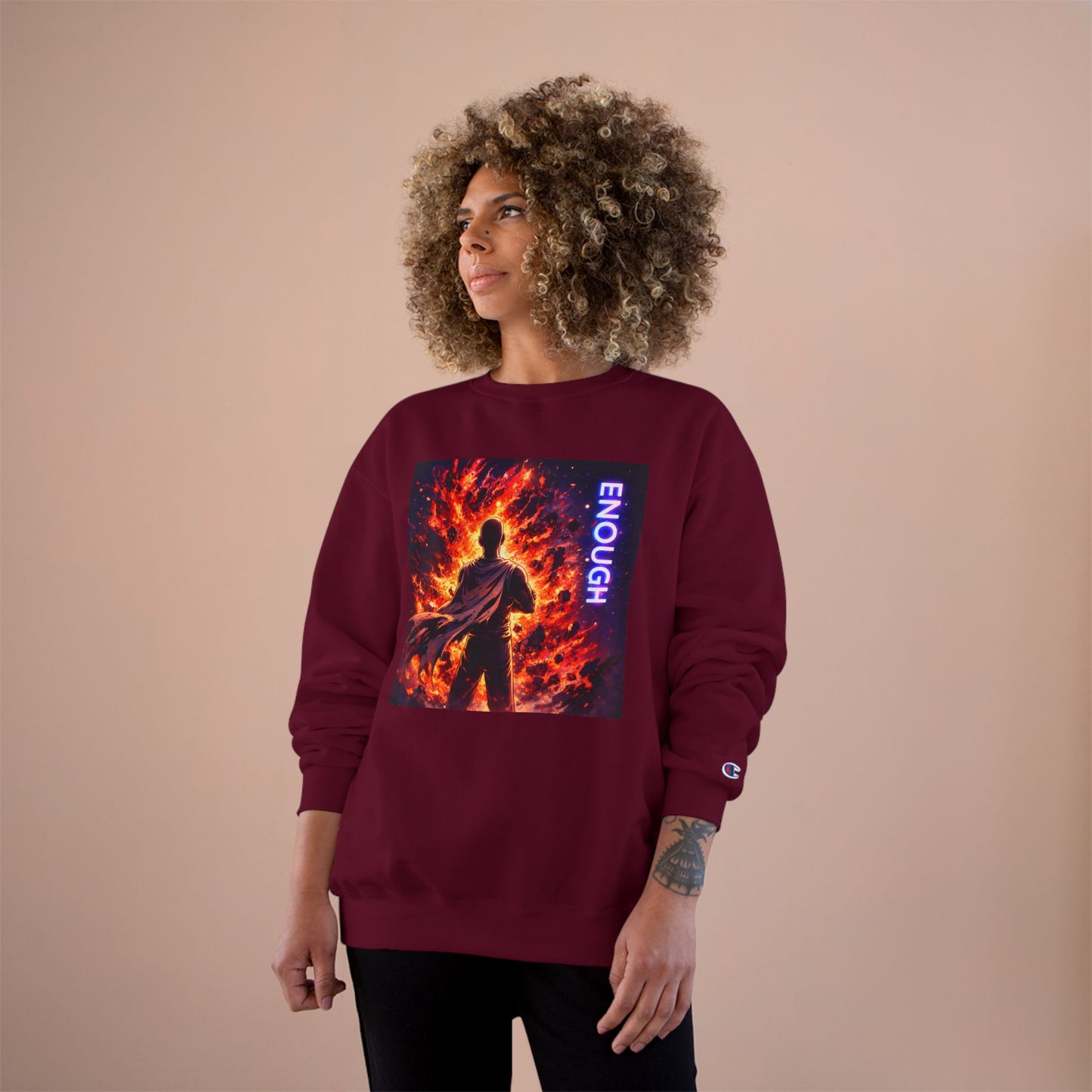 Fiery Hero Silhouette ENOUGH Champion Sweatshirt | Flames Graphic Crewneck