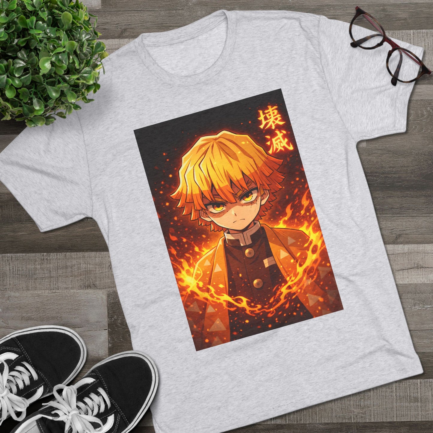 Demon Slayer Zenitsu Agatsuma Fire Anime T-Shirt — 'Destruction' Kanji Graphic Tee
