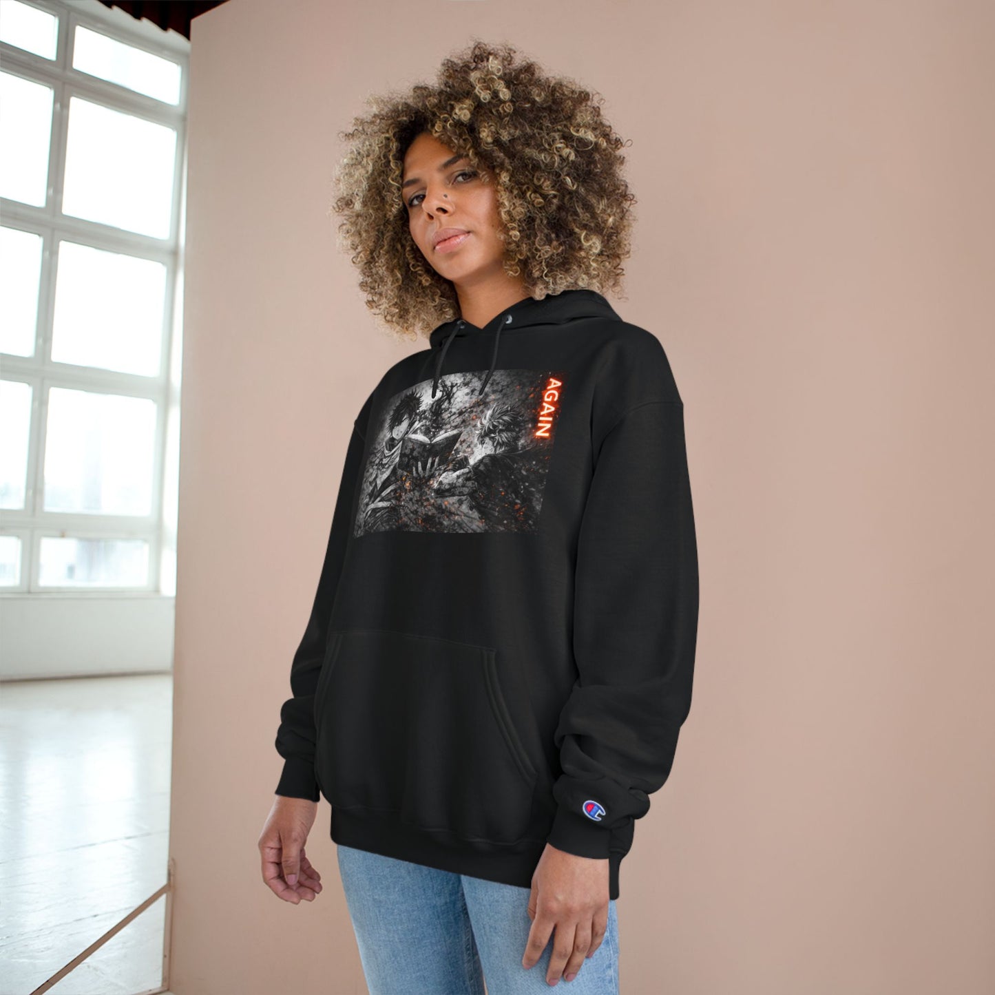 Again - Anime Inspired Champion Hoodie - Minimalist Manga Fighting Art - Unbothered Strength Design