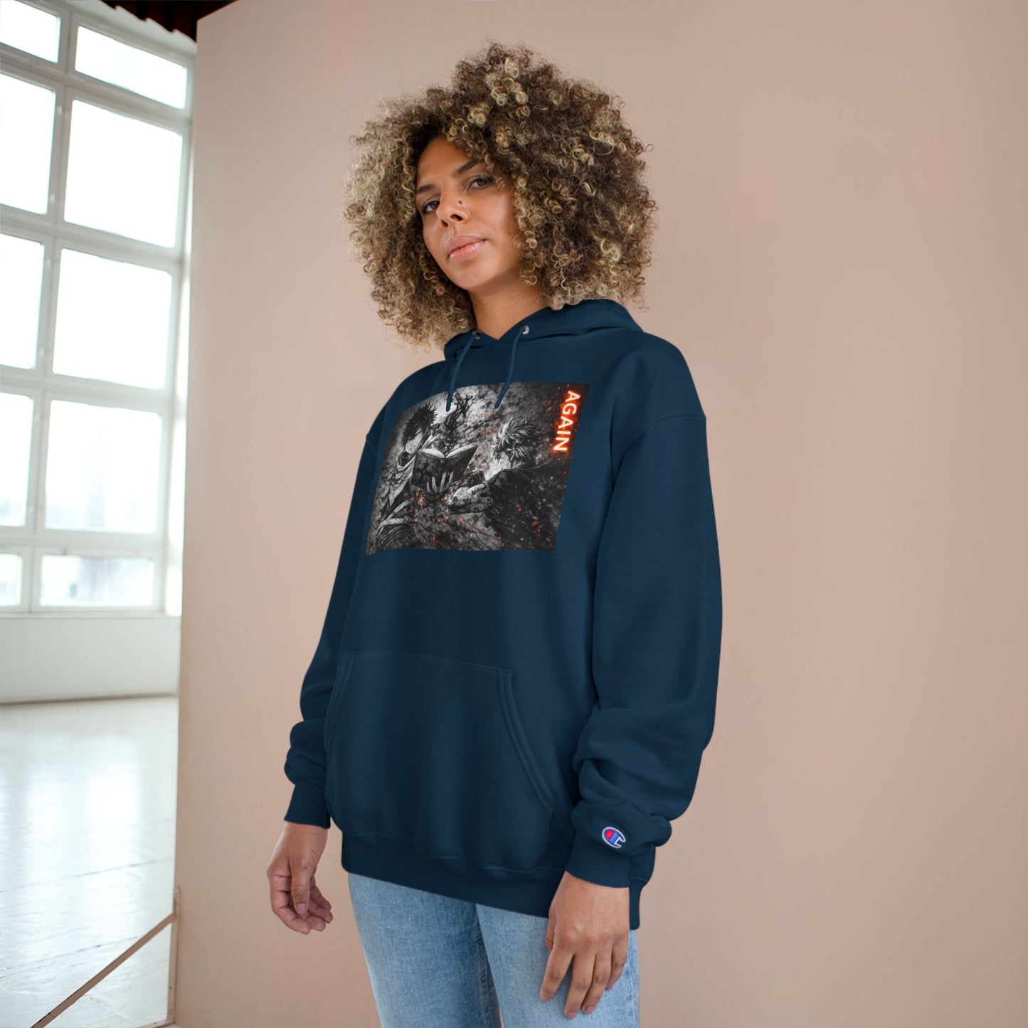 Again - Anime Inspired Champion Hoodie - Minimalist Manga Fighting Art - Unbothered Strength Design