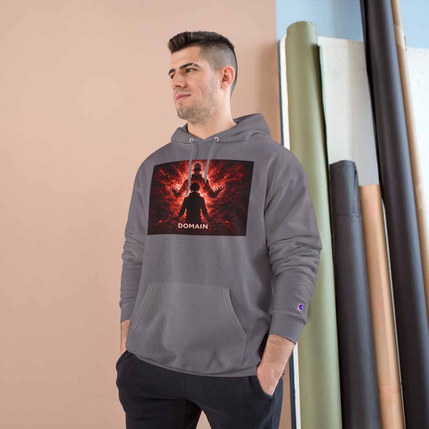 Domain Graphic Hoodie — Red Nebula Silhouette Champion Hoodie