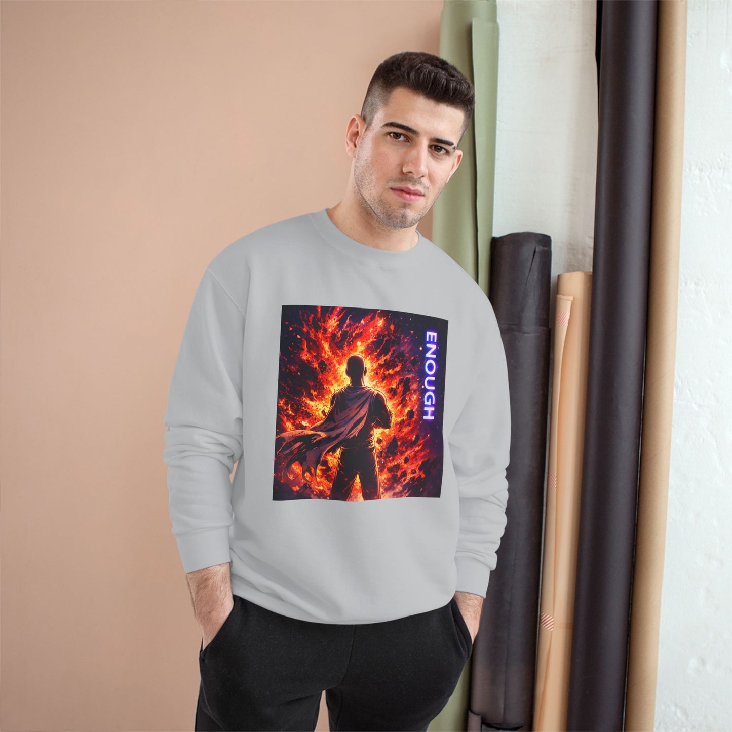 Fiery Hero Silhouette ENOUGH Champion Sweatshirt | Flames Graphic Crewneck