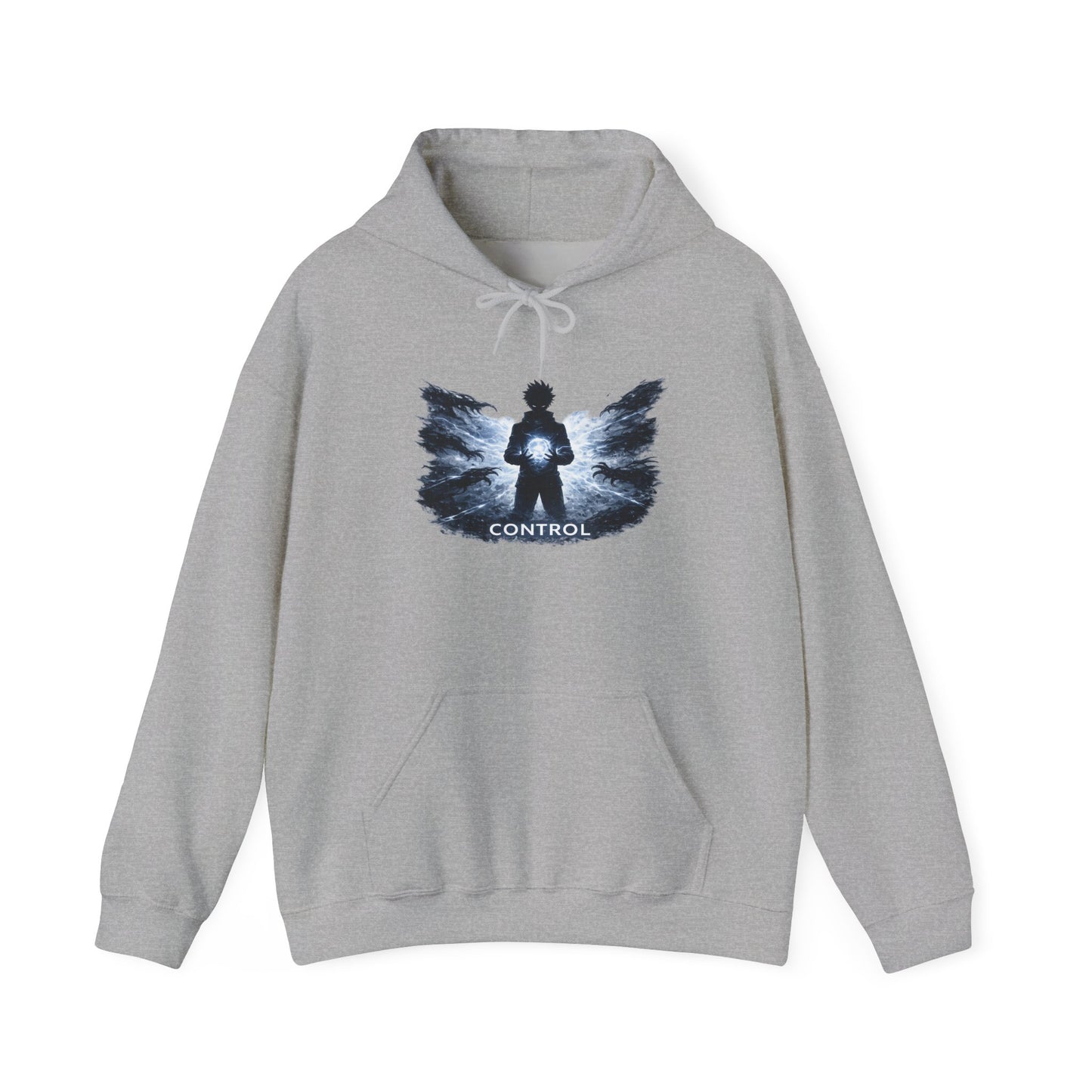 Control silhouette hoodie | person with glowing heart, angel wing brushstroke design