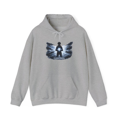 Control silhouette hoodie | person with glowing heart, angel wing brushstroke design