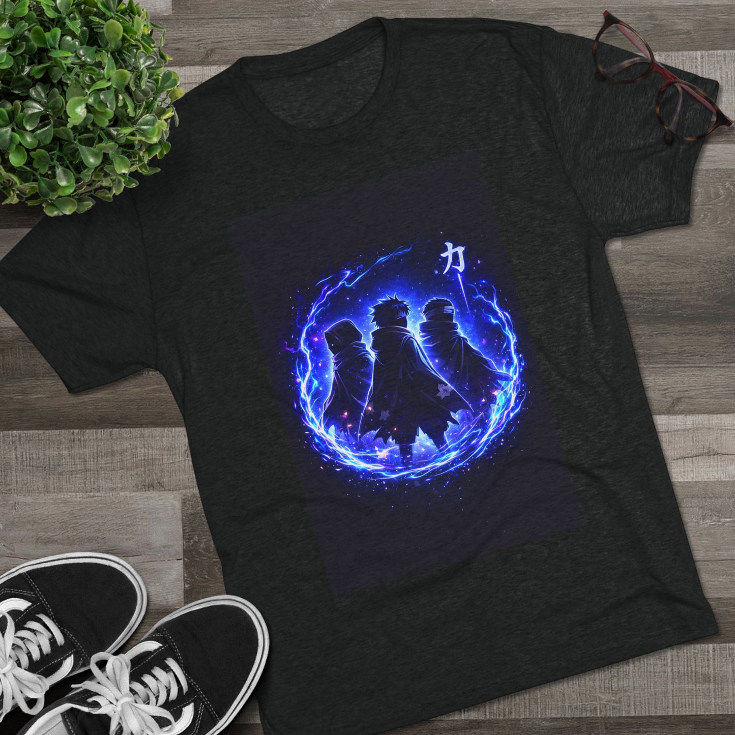 Anime Silhouette Crew Tee — Blue Flame Shinobi Design