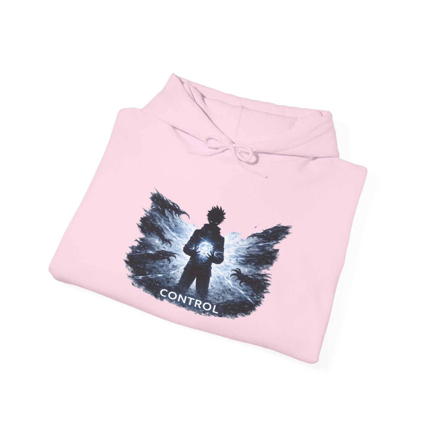Control silhouette hoodie | person with glowing heart, angel wing brushstroke design