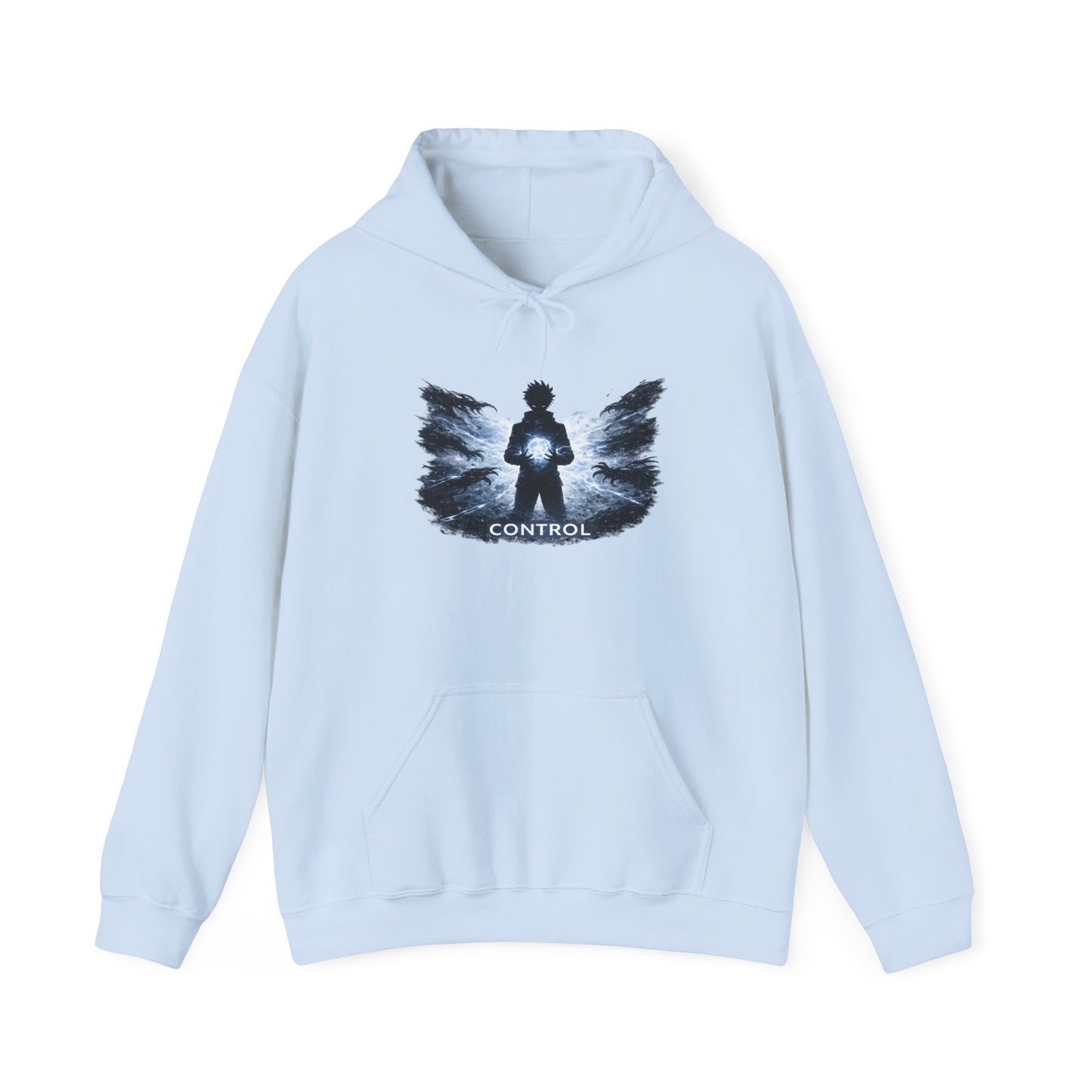 Control silhouette hoodie | person with glowing heart, angel wing brushstroke design