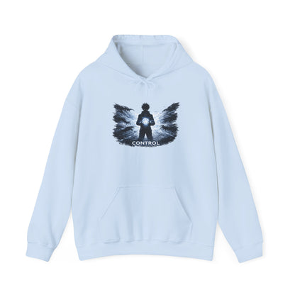 Control silhouette hoodie | person with glowing heart, angel wing brushstroke design