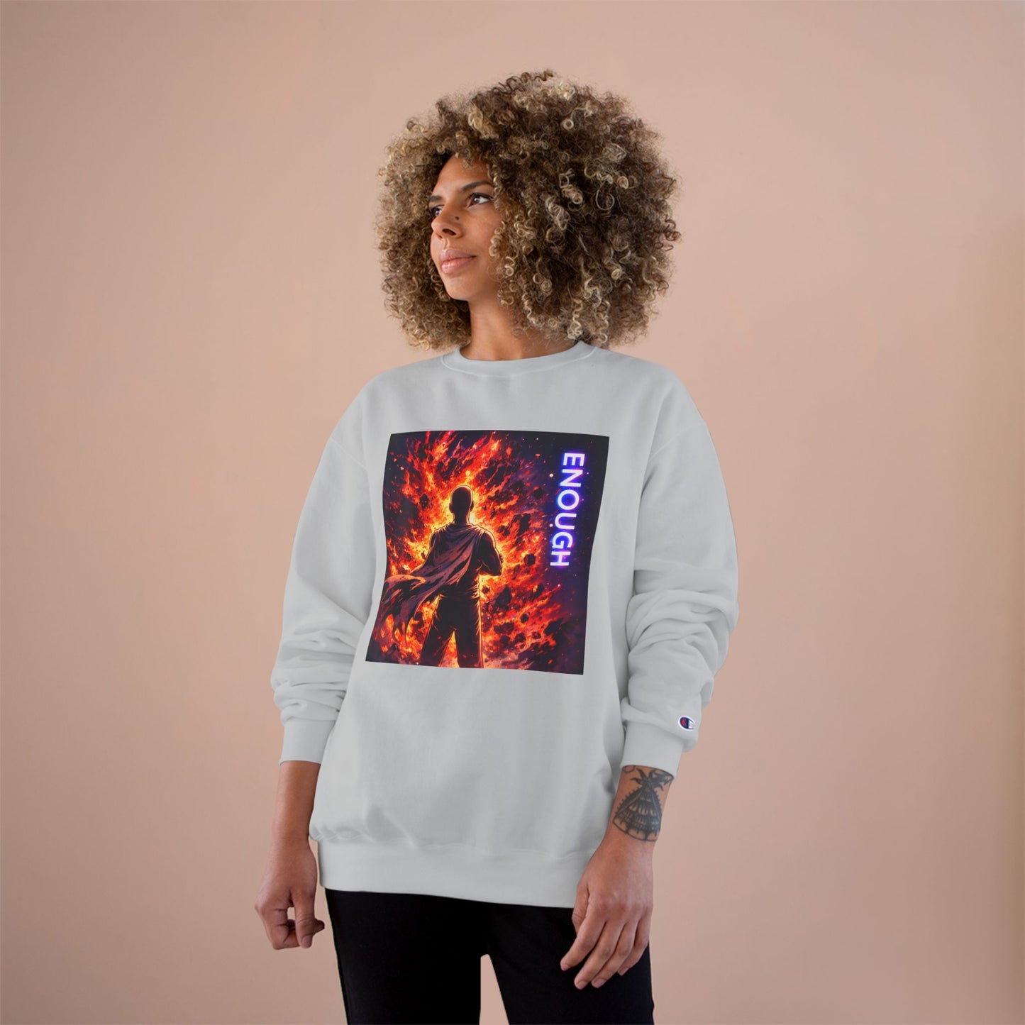 Fiery Hero Silhouette ENOUGH Champion Sweatshirt | Flames Graphic Crewneck