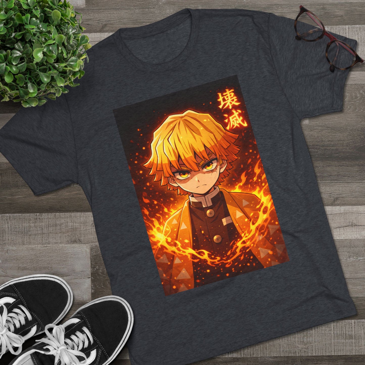 Demon Slayer Zenitsu Agatsuma Fire Anime T-Shirt — 'Destruction' Kanji Graphic Tee
