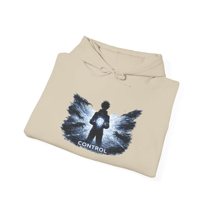Control silhouette hoodie | person with glowing heart, angel wing brushstroke design