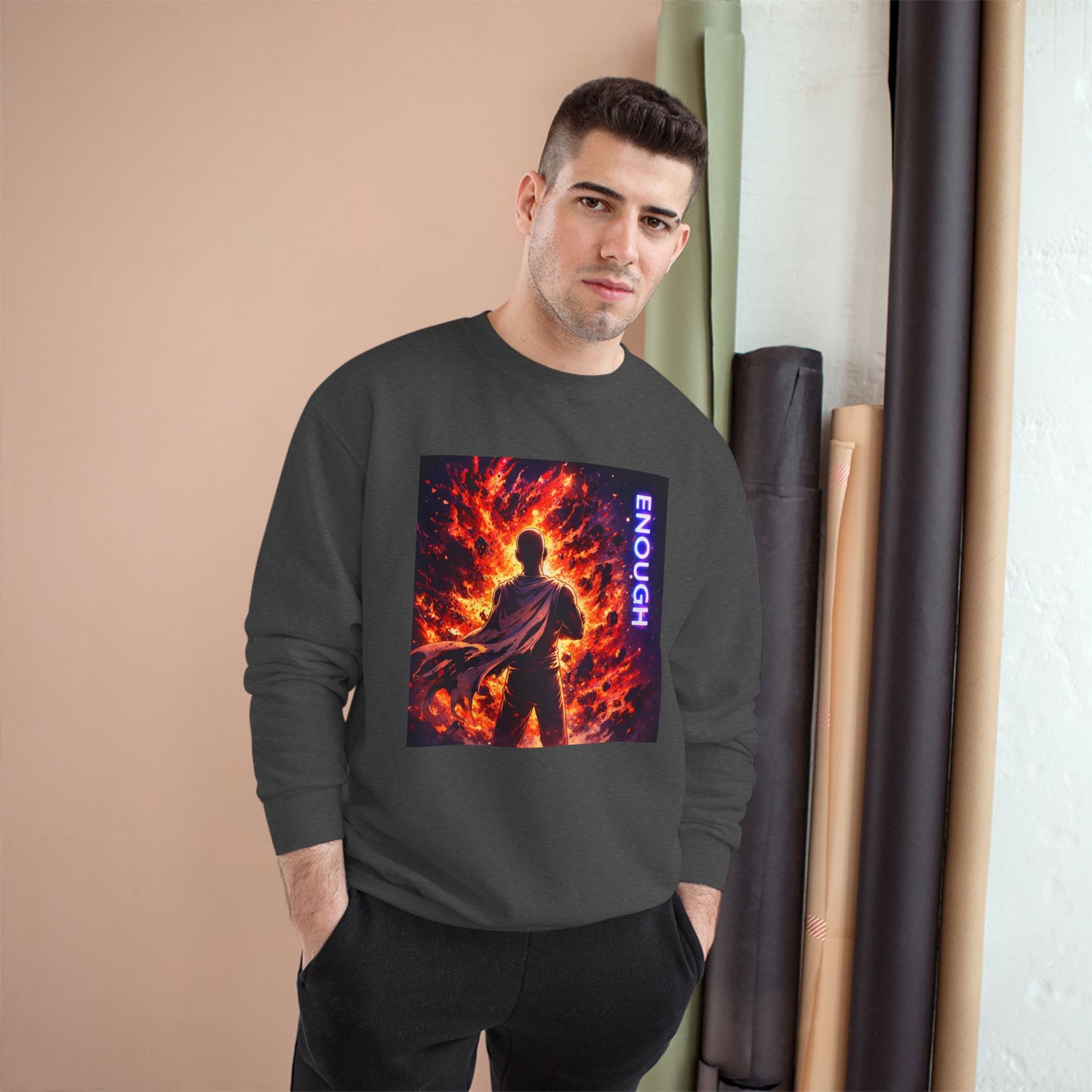 Fiery Hero Silhouette ENOUGH Champion Sweatshirt | Flames Graphic Crewneck