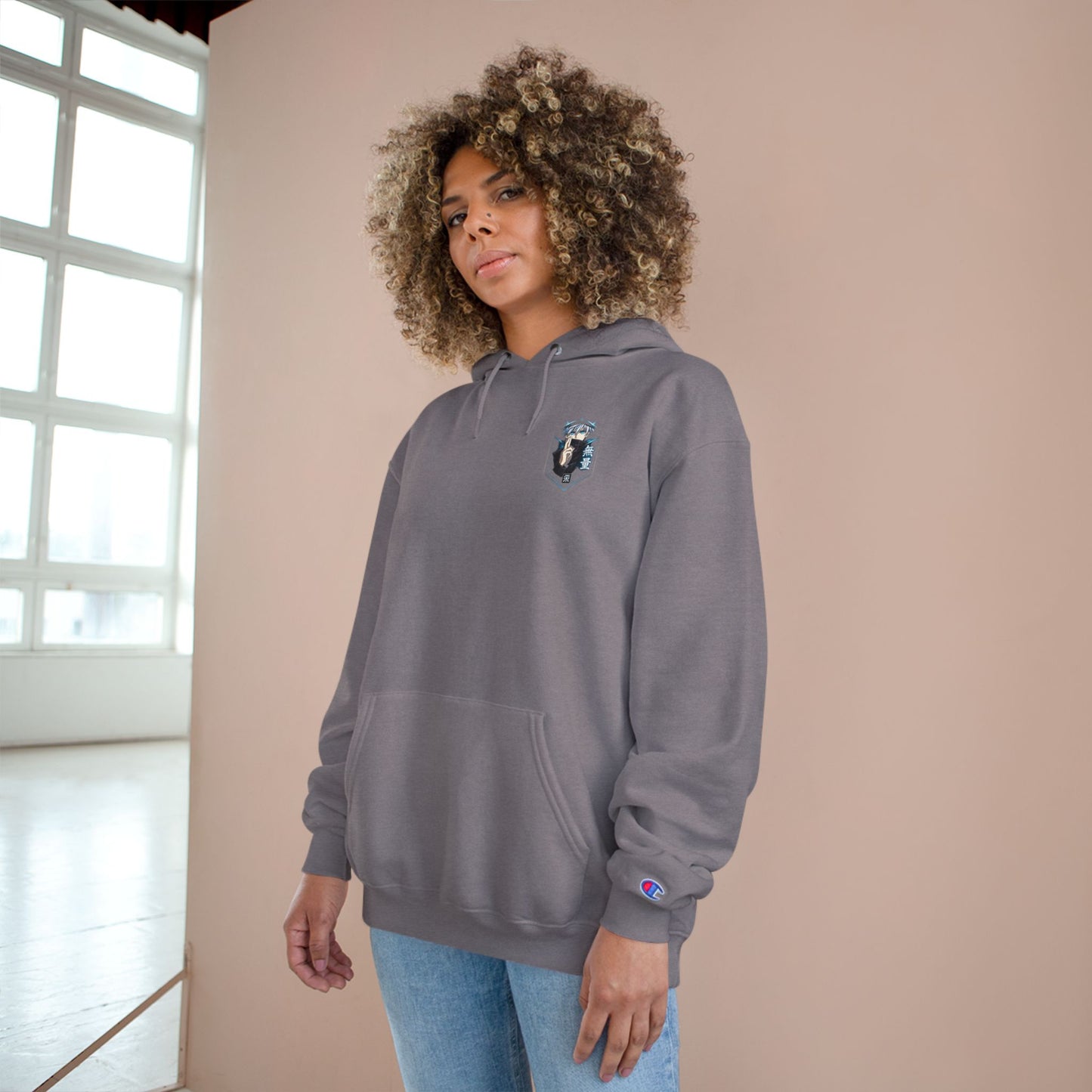 Anime Character Hoodie — Minimal White Champion-Style Sweatshirt