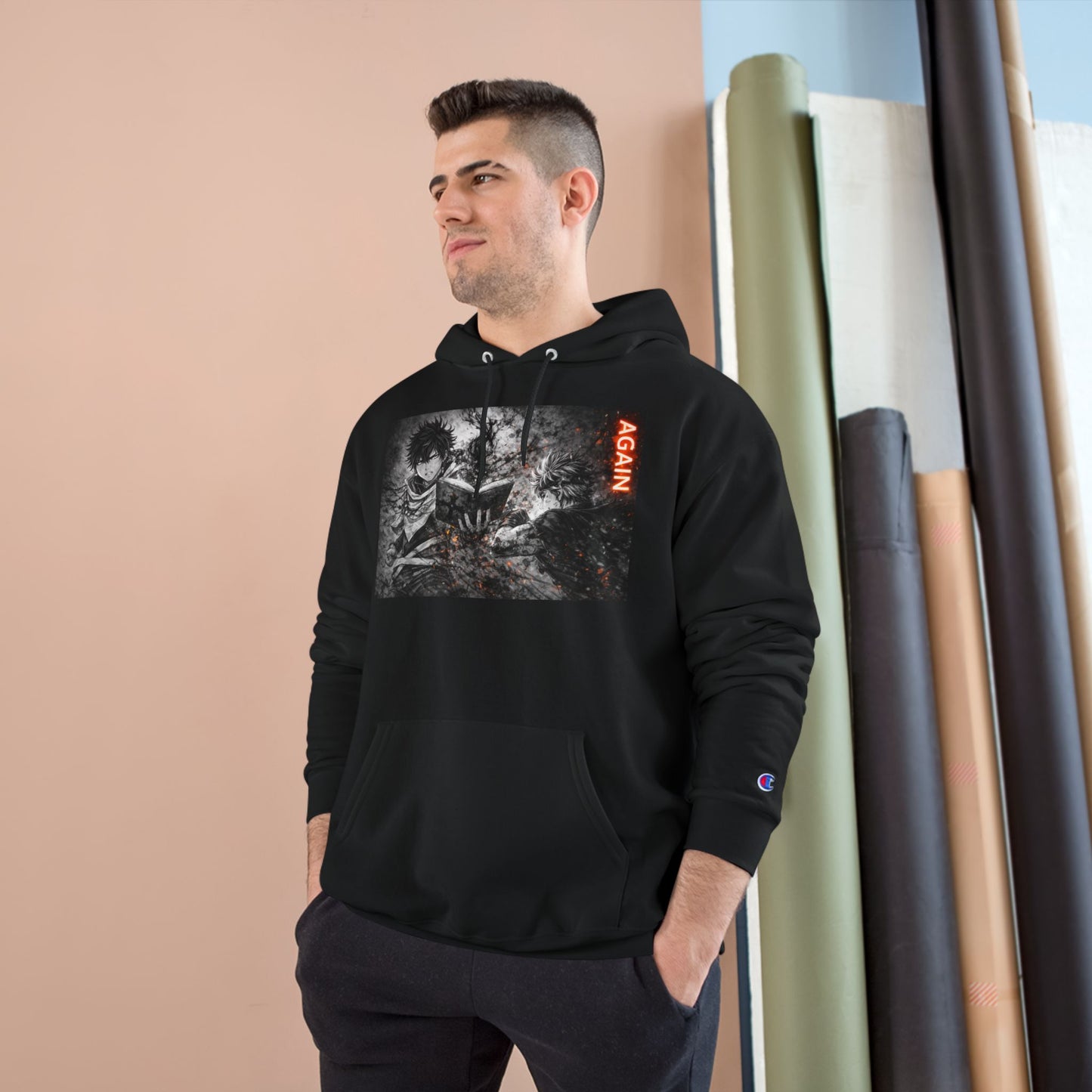 Again - Anime Inspired Champion Hoodie - Minimalist Manga Fighting Art - Unbothered Strength Design