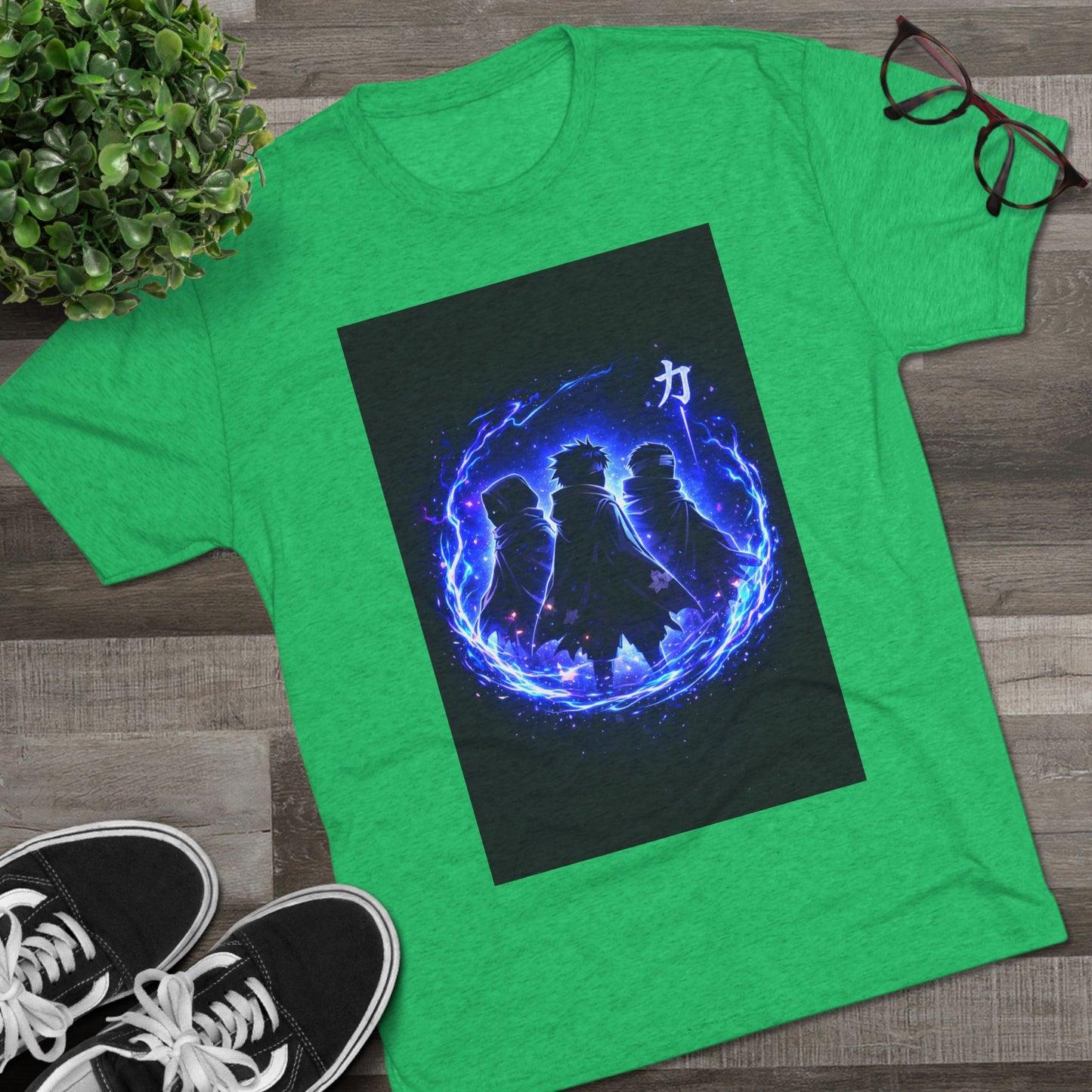 Anime Silhouette Crew Tee — Blue Flame Shinobi Design