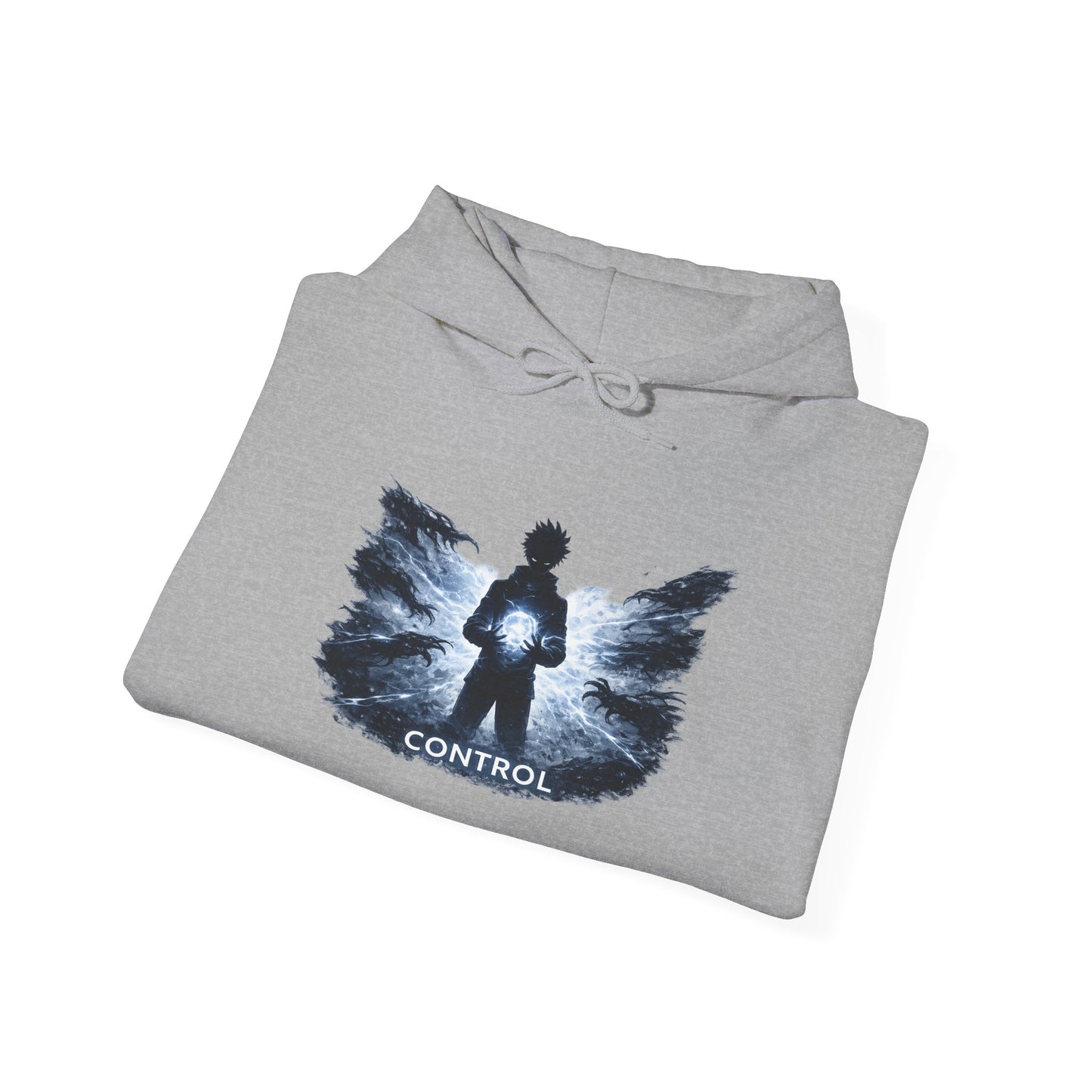 Control silhouette hoodie | person with glowing heart, angel wing brushstroke design