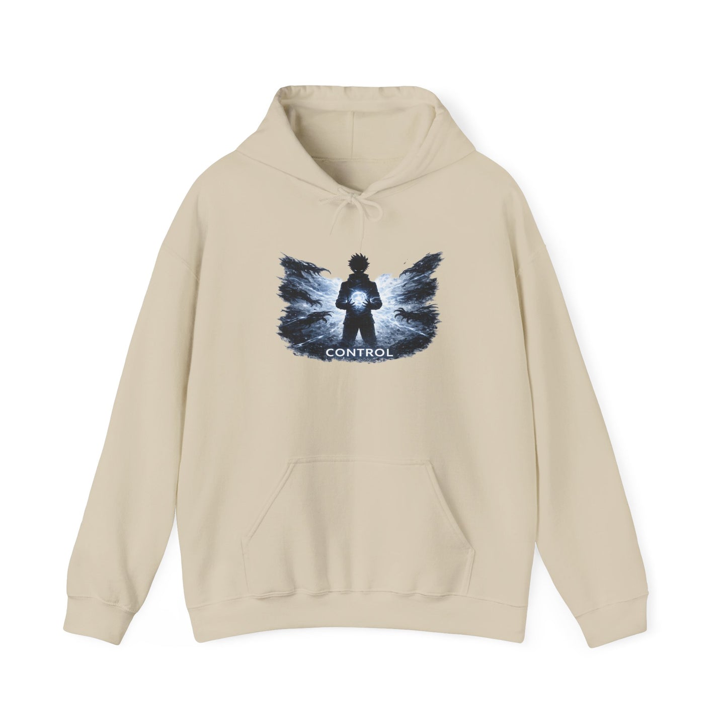 Control silhouette hoodie | person with glowing heart, angel wing brushstroke design
