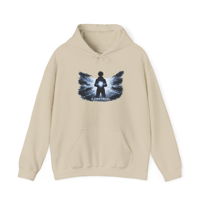 Control silhouette hoodie | person with glowing heart, angel wing brushstroke design