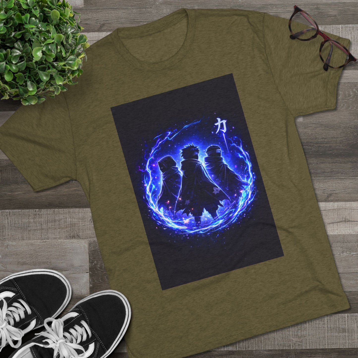 Anime Silhouette Crew Tee — Blue Flame Shinobi Design