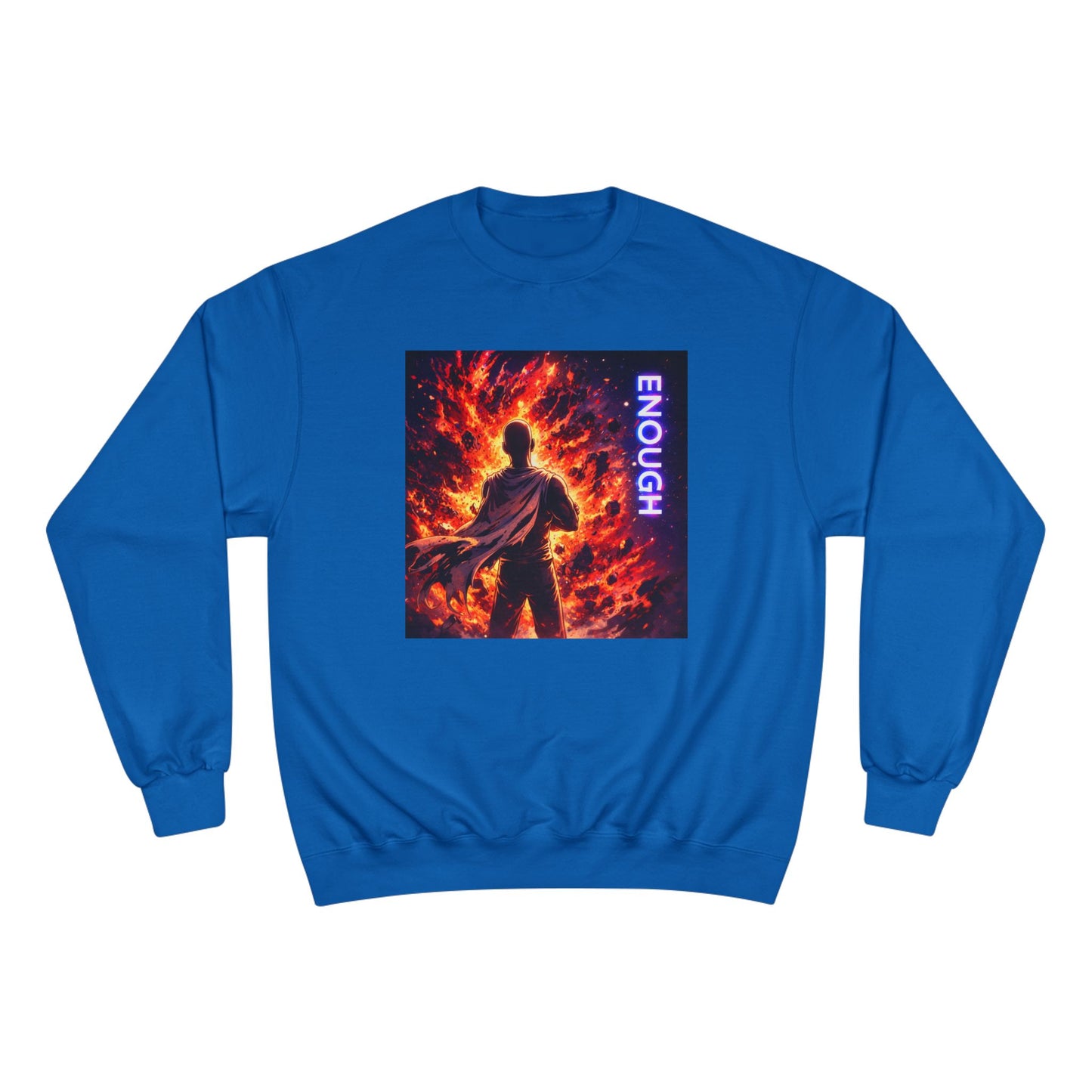 Fiery Hero Silhouette ENOUGH Champion Sweatshirt | Flames Graphic Crewneck