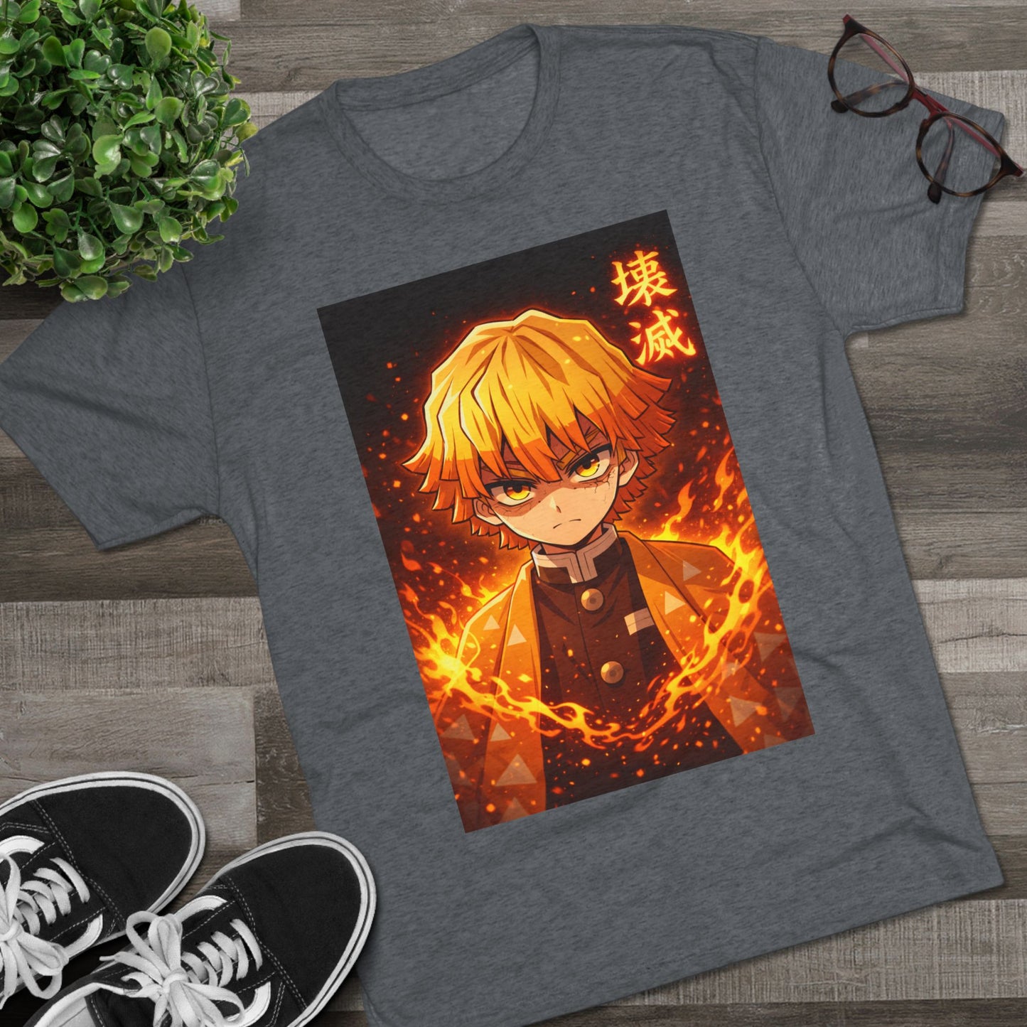 Demon Slayer Zenitsu Agatsuma Fire Anime T-Shirt — 'Destruction' Kanji Graphic Tee