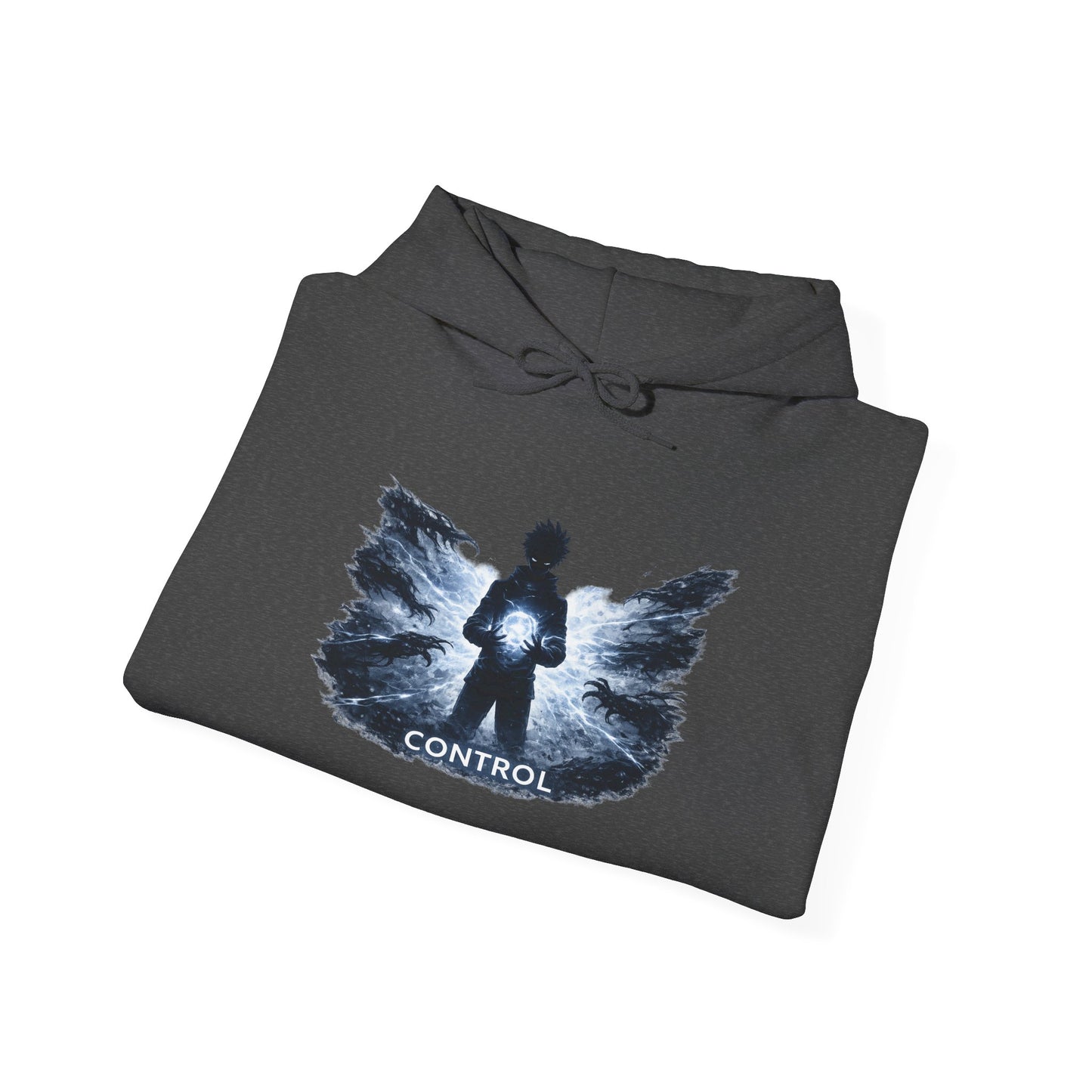 Control silhouette hoodie | person with glowing heart, angel wing brushstroke design