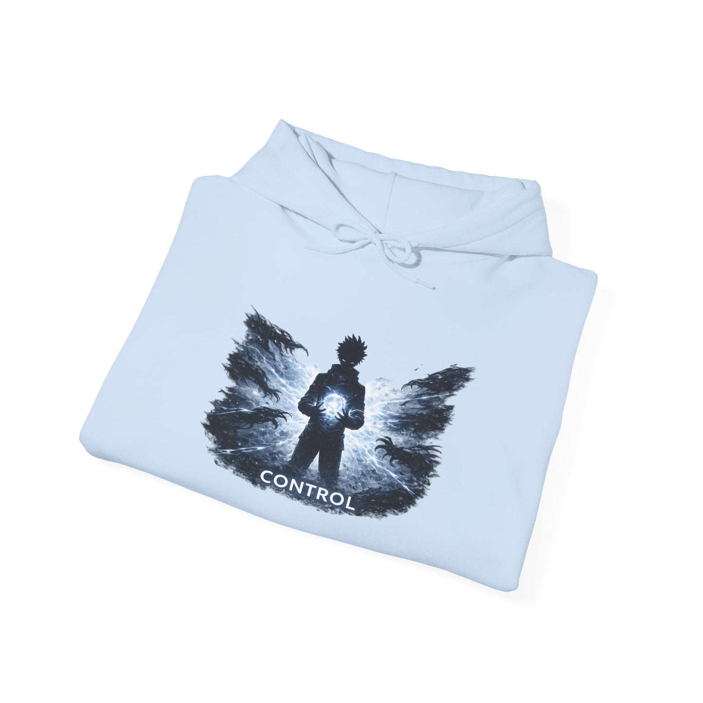 Control silhouette hoodie | person with glowing heart, angel wing brushstroke design