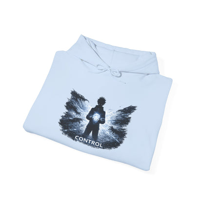 Control silhouette hoodie | person with glowing heart, angel wing brushstroke design