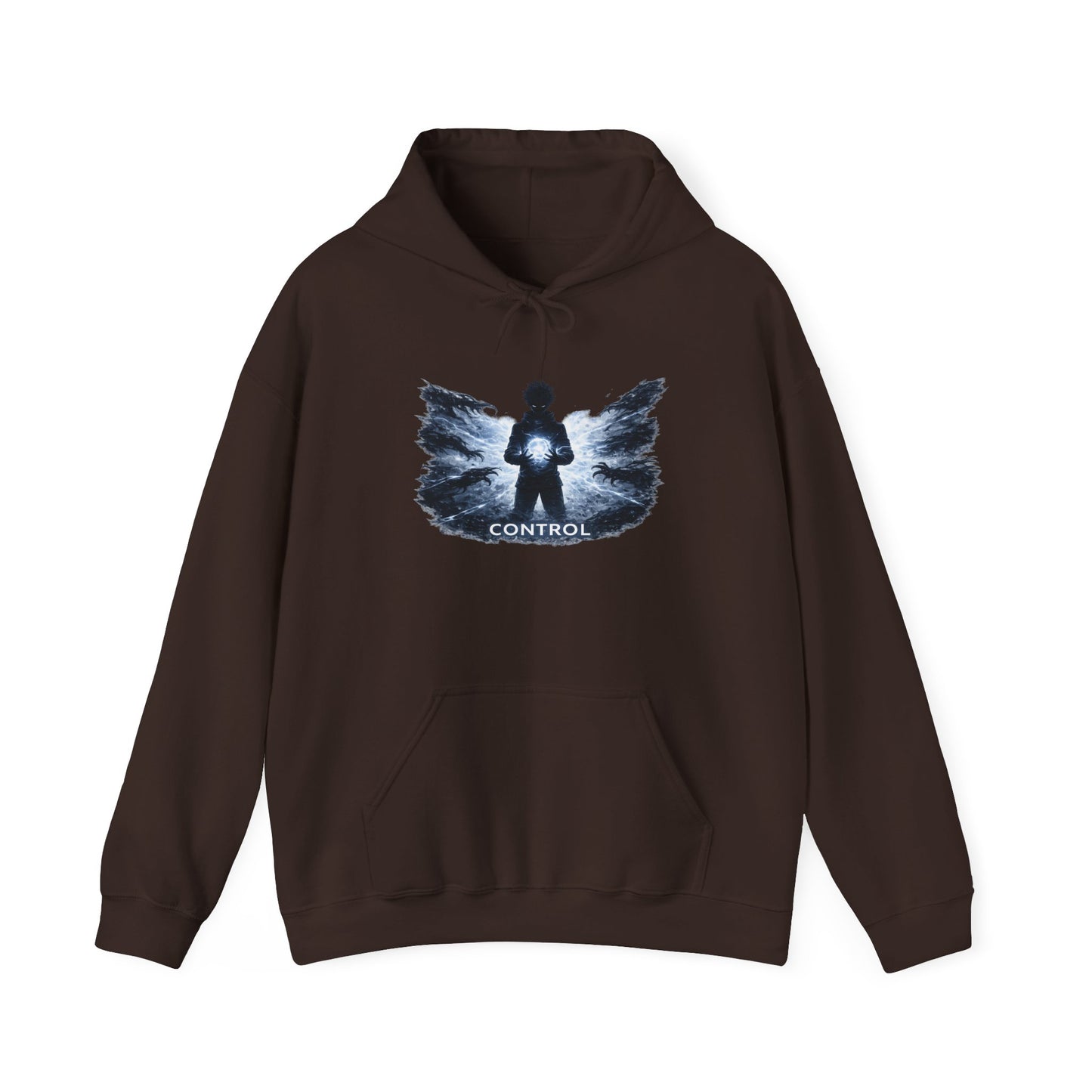 Control silhouette hoodie | person with glowing heart, angel wing brushstroke design