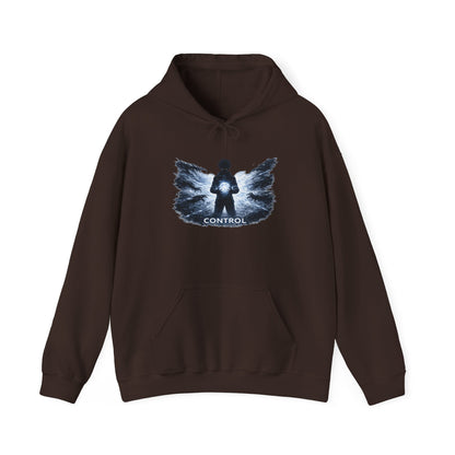 Control silhouette hoodie | person with glowing heart, angel wing brushstroke design