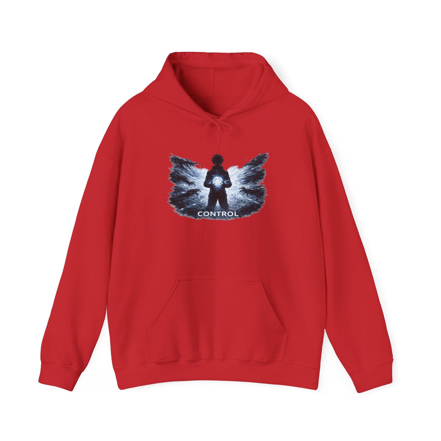 Control silhouette hoodie | person with glowing heart, angel wing brushstroke design