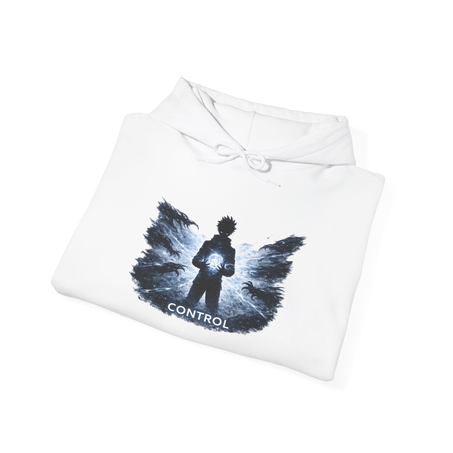 Control silhouette hoodie | person with glowing heart, angel wing brushstroke design