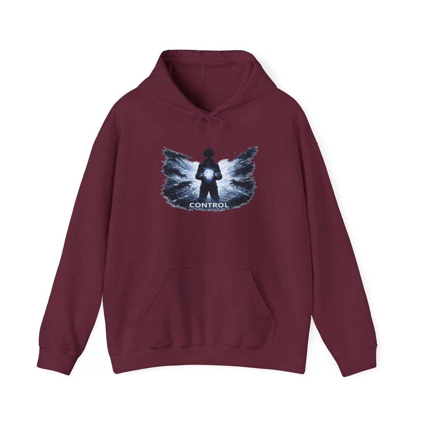 Control silhouette hoodie | person with glowing heart, angel wing brushstroke design