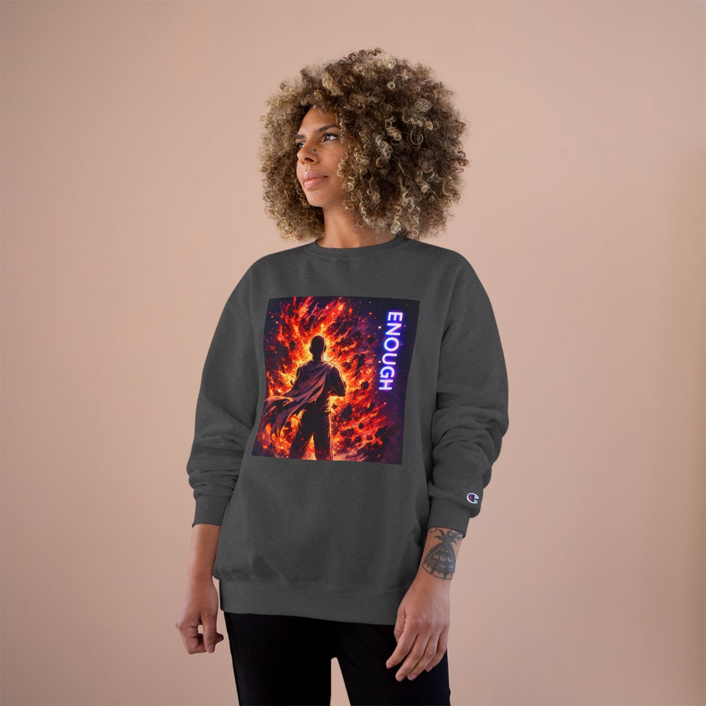 Fiery Hero Silhouette ENOUGH Champion Sweatshirt | Flames Graphic Crewneck