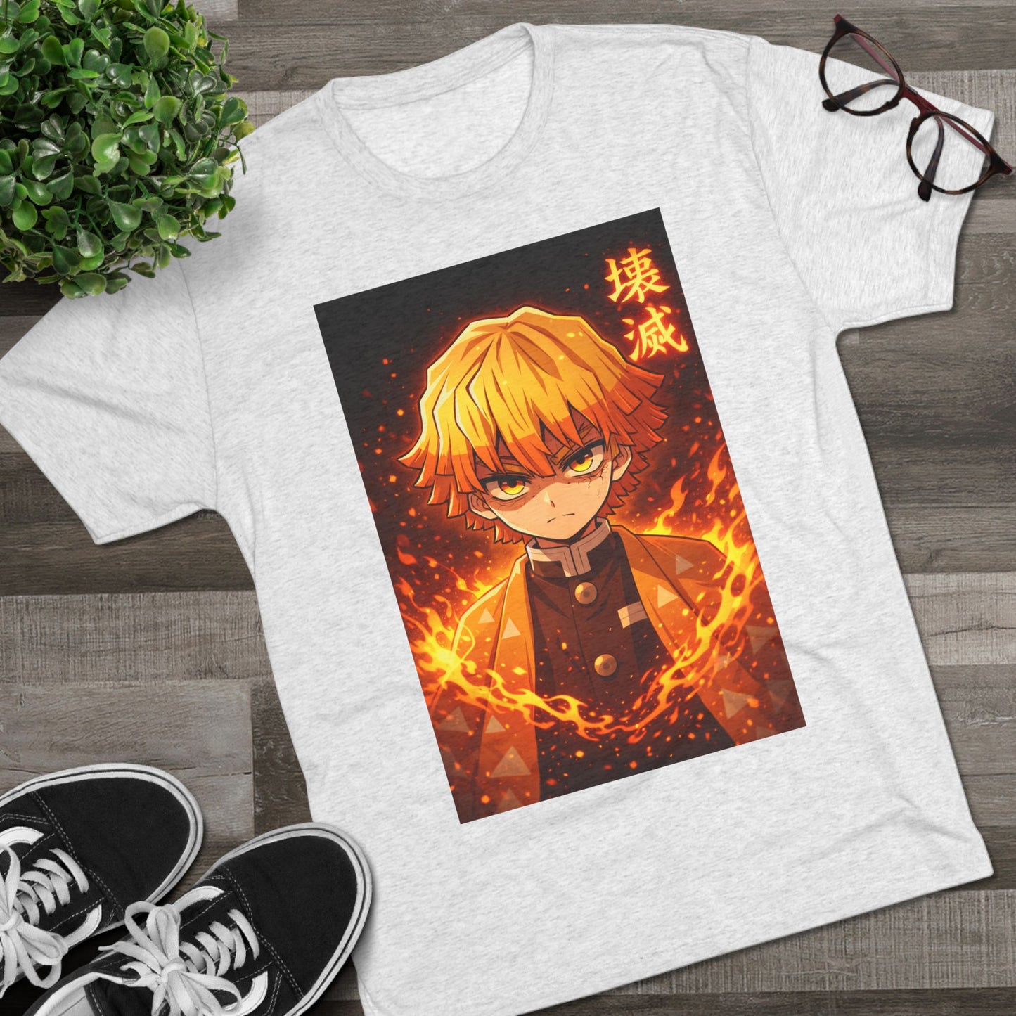 Demon Slayer Zenitsu Agatsuma Fire Anime T-Shirt — 'Destruction' Kanji Graphic Tee