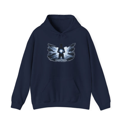 Control silhouette hoodie | person with glowing heart, angel wing brushstroke design